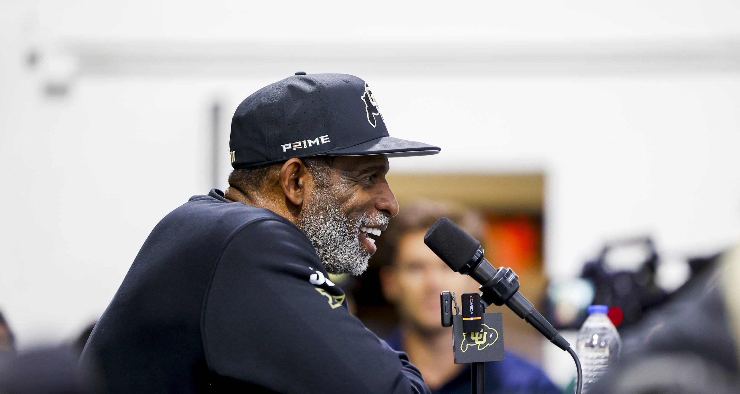 Apr 4, 2025; Boulder, CO, USA; Colorado Buffaloes head coach Deion Sanders speaks to the media at the University of Colorado NFL Showcase at the CU Indoor Practice Facility.