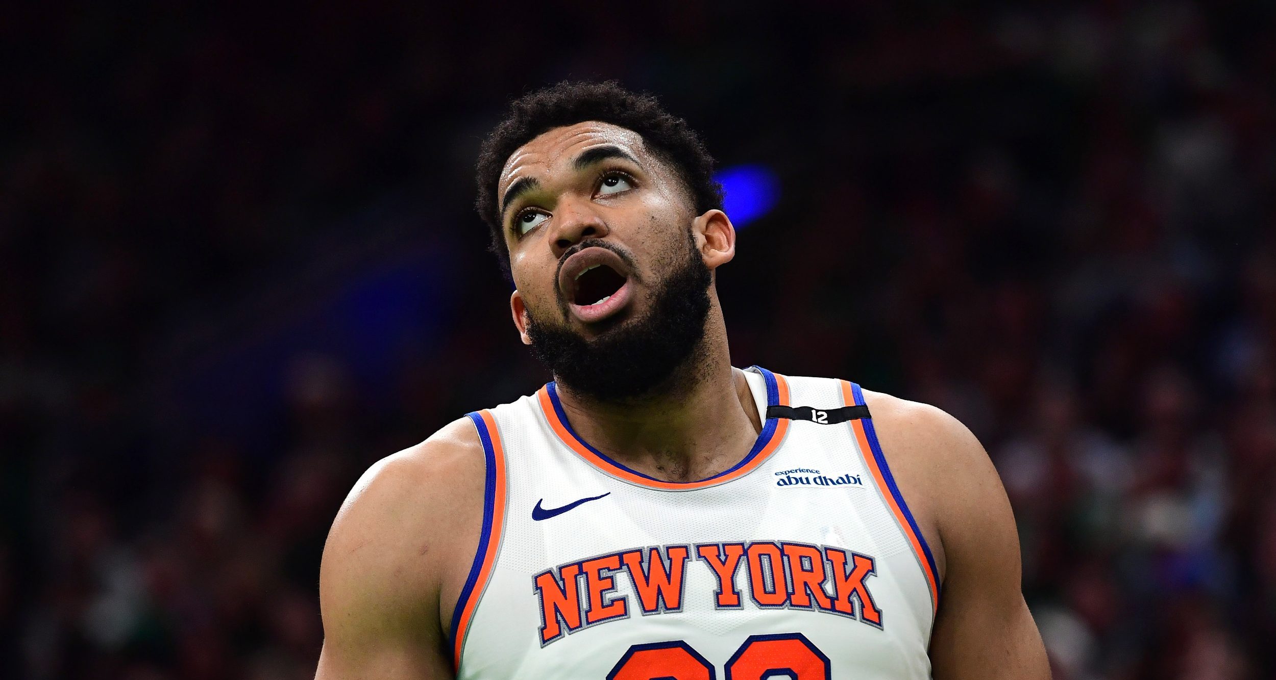 May 14, 2025; Boston, Massachusetts, USA; New York Knicks center Karl-Anthony Towns (32) reacts in the second half during game five of the second round for the 2025 NBA Playoffs against the Boston Celtics at TD Garden.