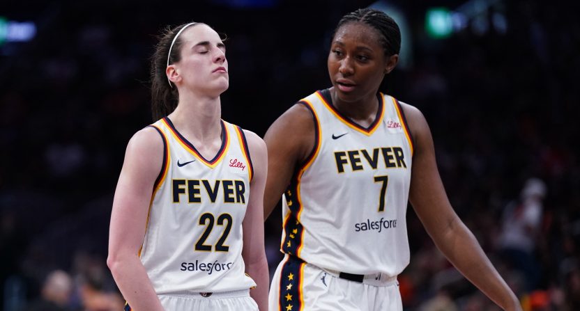 Indiana Fever guard Caitlin Clark (22) reacts with a possible injury after a play against the Connecticut Sun in the second half at TD Garden.