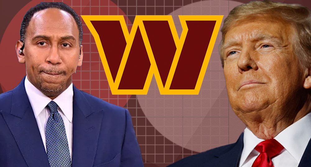 Stephen A. Smith and Donald Trump with Washington Commanders logo