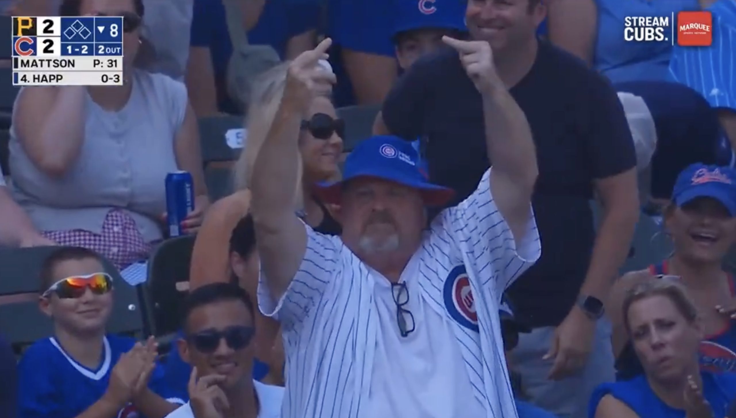 A Chicago Cubs fan retrieved a fou ball at Wrigley Field and celebrated with a double-bird gesture shown on the Marquee Sports Network broadcast. Photo Credit: Marquee Sports Network