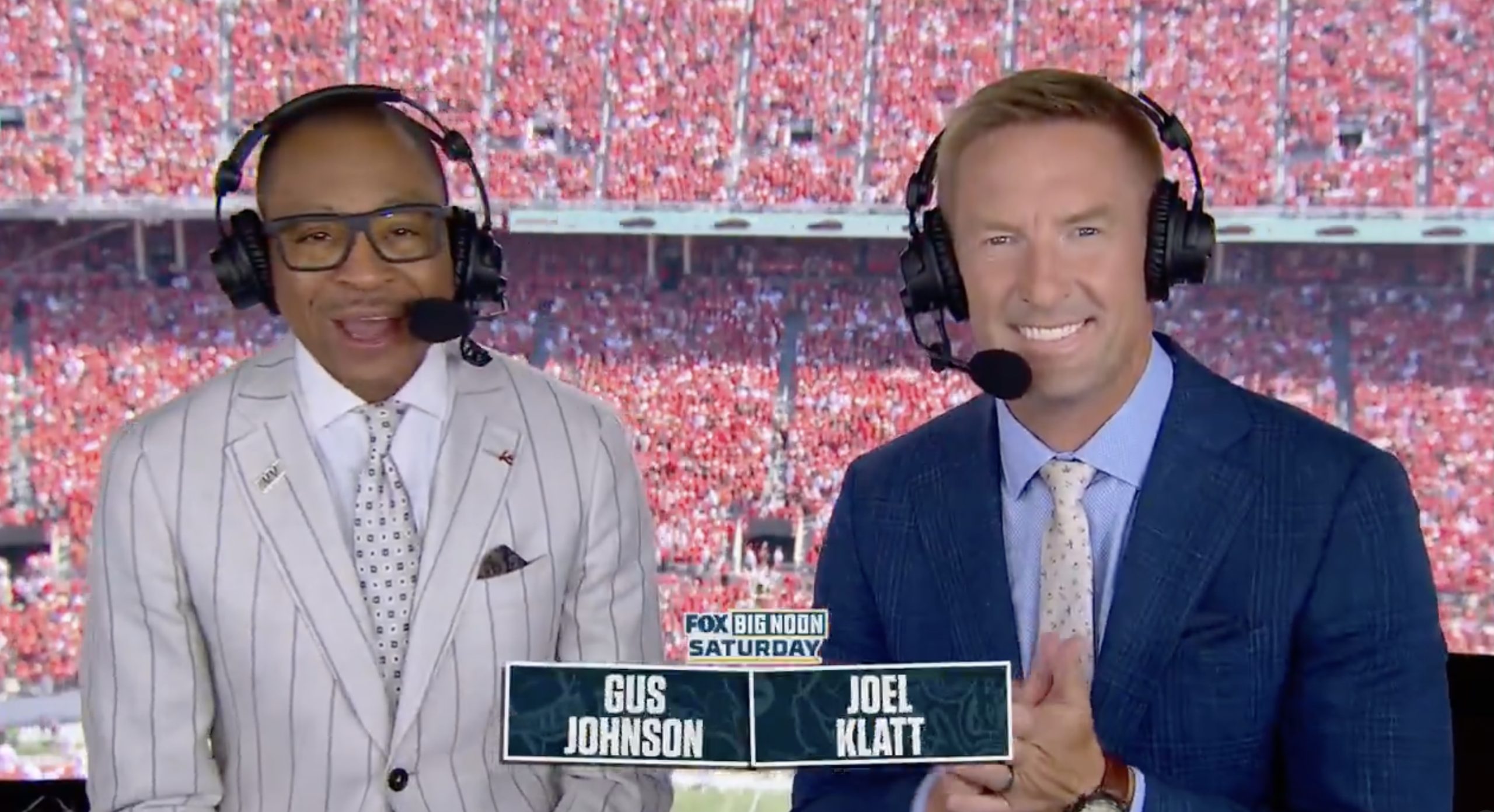 Gus Johnson and Joel Klatt in the Fox TV booth for Texas-Ohio State college football. Photo Credit: Fox
