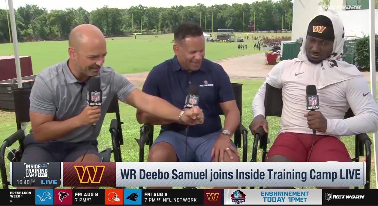 At the end of an interview with Deebo Samuel, NFL Network host Mike Garafolo accidentally revealed that Samuel had a finger injury. Photo Credit: NFL Network.