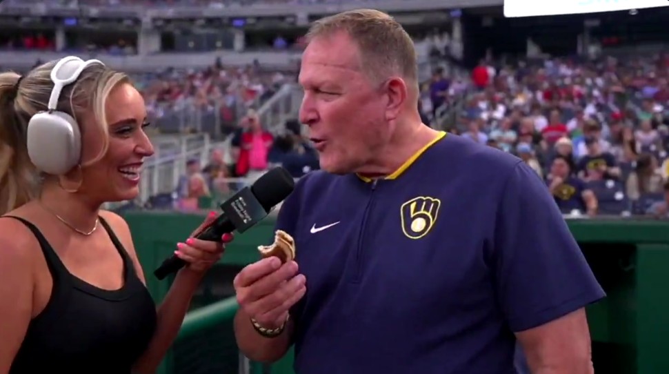Tricia Whitaker's interview of Brewers manager Pat Murphy was anything but common, thanks to Murphy pulling out a pocket pancake. Photo Credit: Apple TV+.