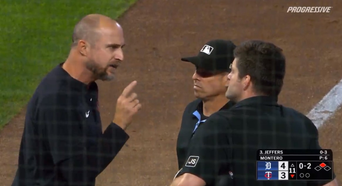 Fans watching Thursday night's Tigers-Twins game had no doubt what Rocco Baldelli said to umpire John Bacon before getting ejected. Photo Credit: Twins.TV