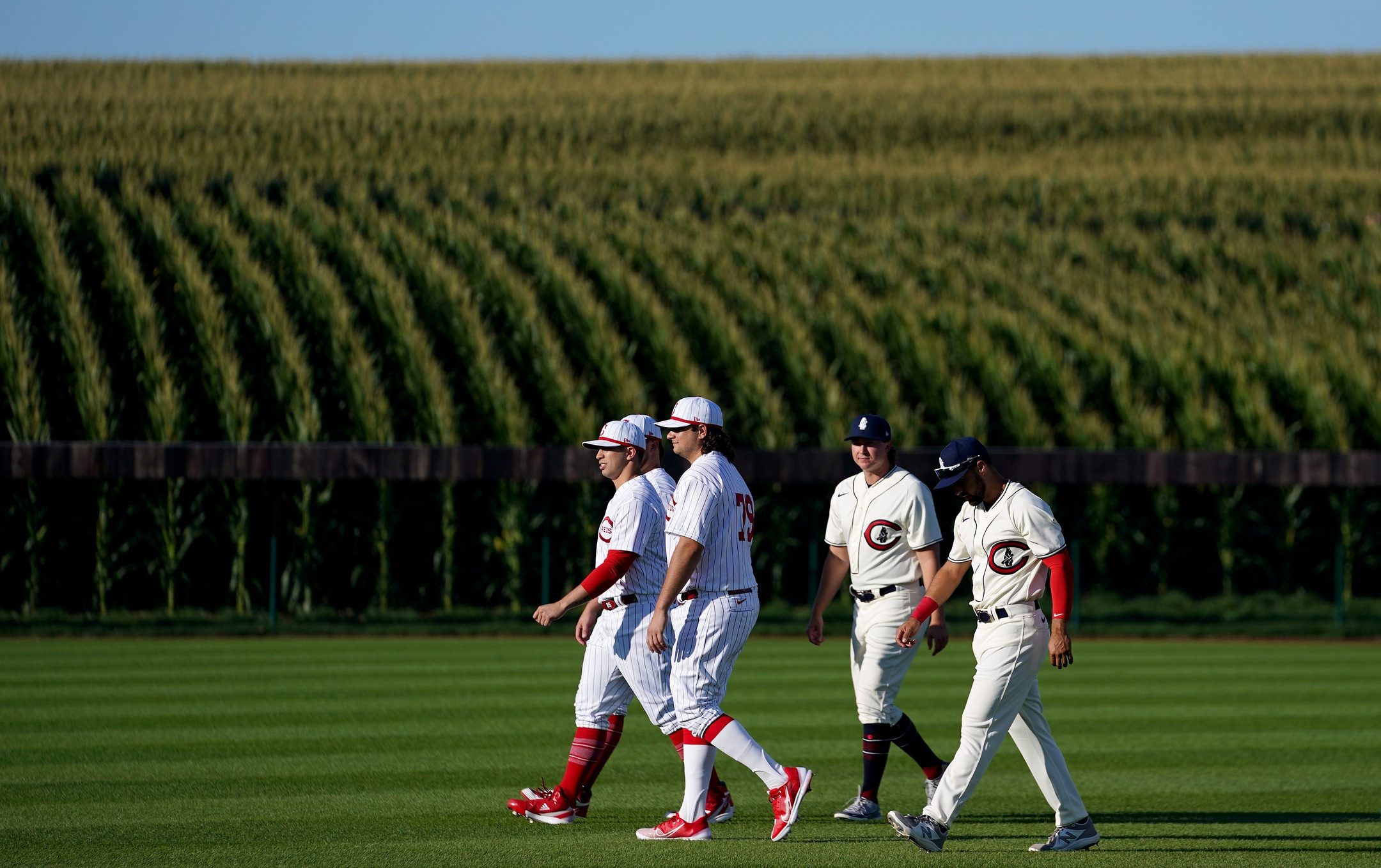 The Cincinnati Reds and the Chicago Cubs walks to the infield during player introductions before a baseball game, Thursday, Aug. 11, 2022, at the MLB Field of Dreams stadium in Dyersville, Iowa.