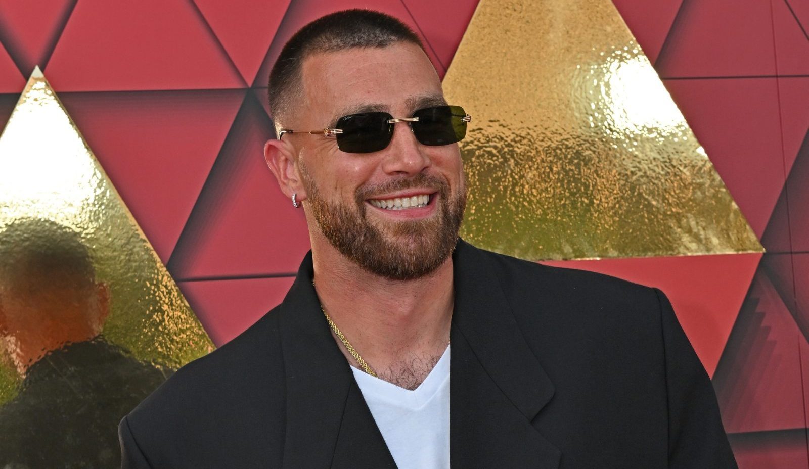 Jun 15, 2023; Kansas City, MO, USA; Kansas City Chiefs Travis Kelce during the Kansas City Chiefs Super Bowl Red Carpet Ceremony at Union Station. Mandatory Credit: Peter Aiken-USA TODAY Sports