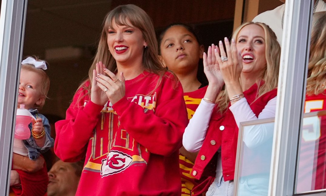 Oct 22, 2023; Kansas City, Missouri, USA; Recording artist Taylor Swift and Brittany Mahomes cheer during the second half between the Los Angeles Chargers and the Kansas City Chiefs at GEHA Field at Arrowhead Stadium. Mandatory Credit: Jay Biggerstaff-USA TODAY Sports