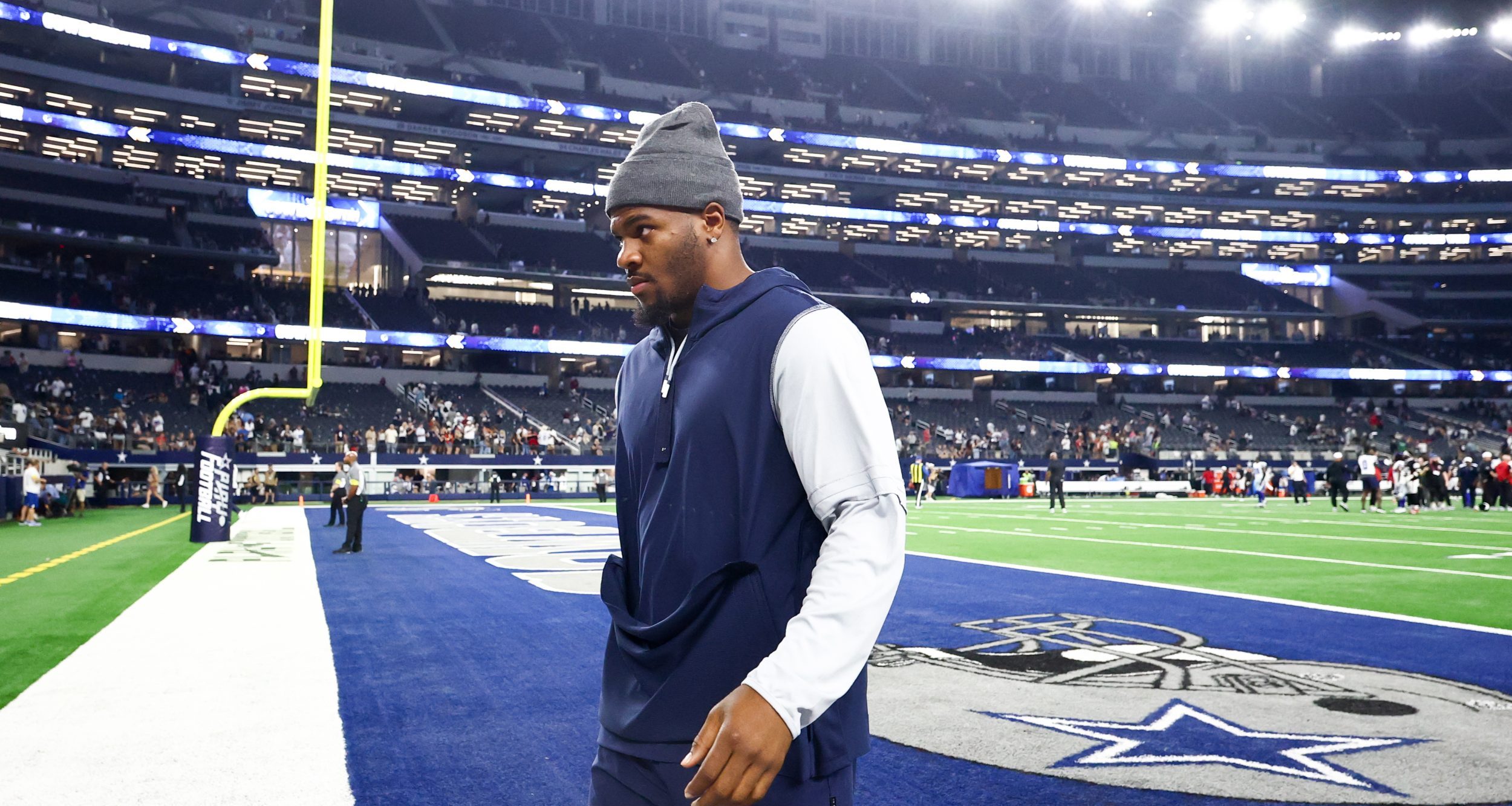 Aug 22, 2025; Arlington, Texas, USA; Dallas Cowboys defensive end Micah Parsons walks off the field after the game against the Atlanta Falcons at AT&T Stadium.