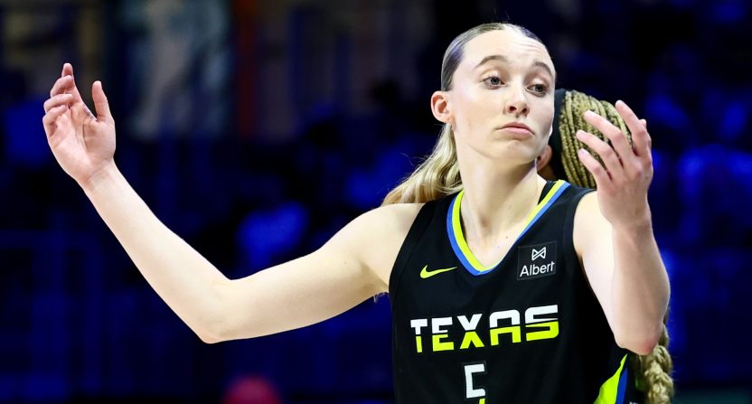 Aug 24, 2025; Arlington, Texas, USA; WNBA Dallas Wings guard Paige Bueckers (5) reacts against the Golden State Valkyries during the second half at College Park Center. Mandatory Credit: Kevin Jairaj-Imagn Images