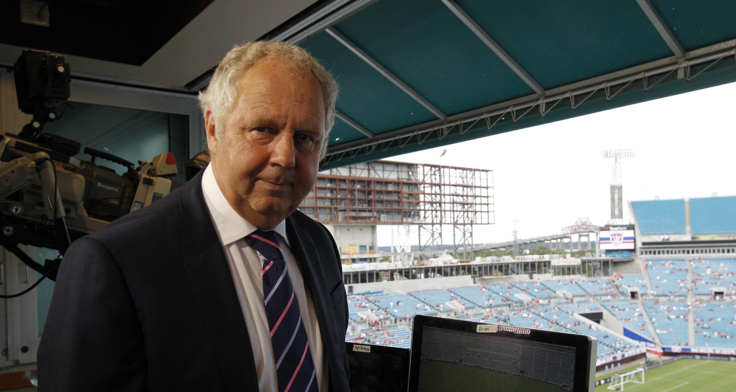 Jun 7, 2014; Jacksonville, FL, USA; ESPN analyst Ian Darke in the broadcast booth before the game against United States and Nigeria at EverBank Field.