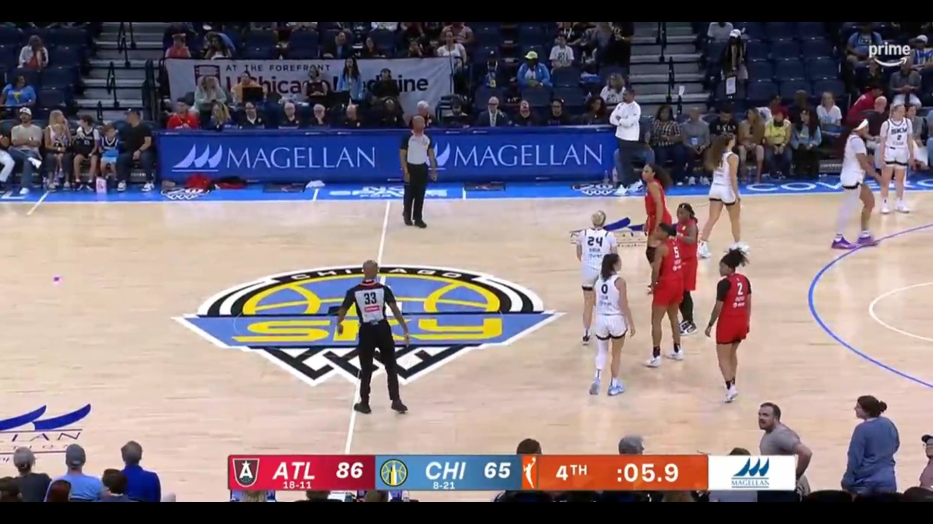 Another WNBA game, Thursday's matchup between the Dream and Sky was briefly delayed due to a dildo being thrown onto the court. Photo Credit: Prime Video