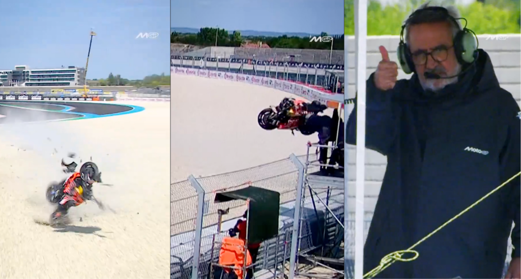 MotoGP cameraperson narrowly avoids being hit by flying bike