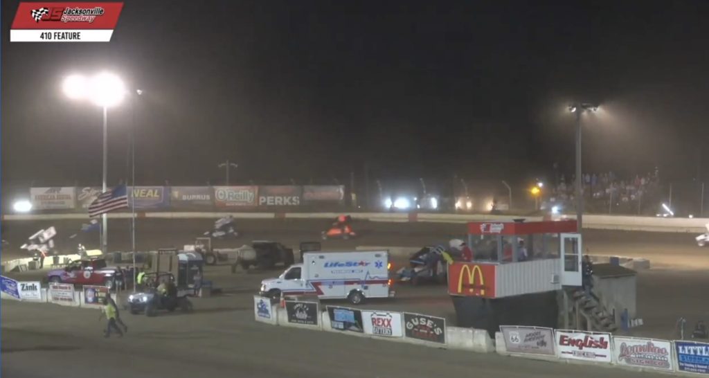 Sprint car announcer loses it on track officials after car flips over: ‘What are we doing?!?’