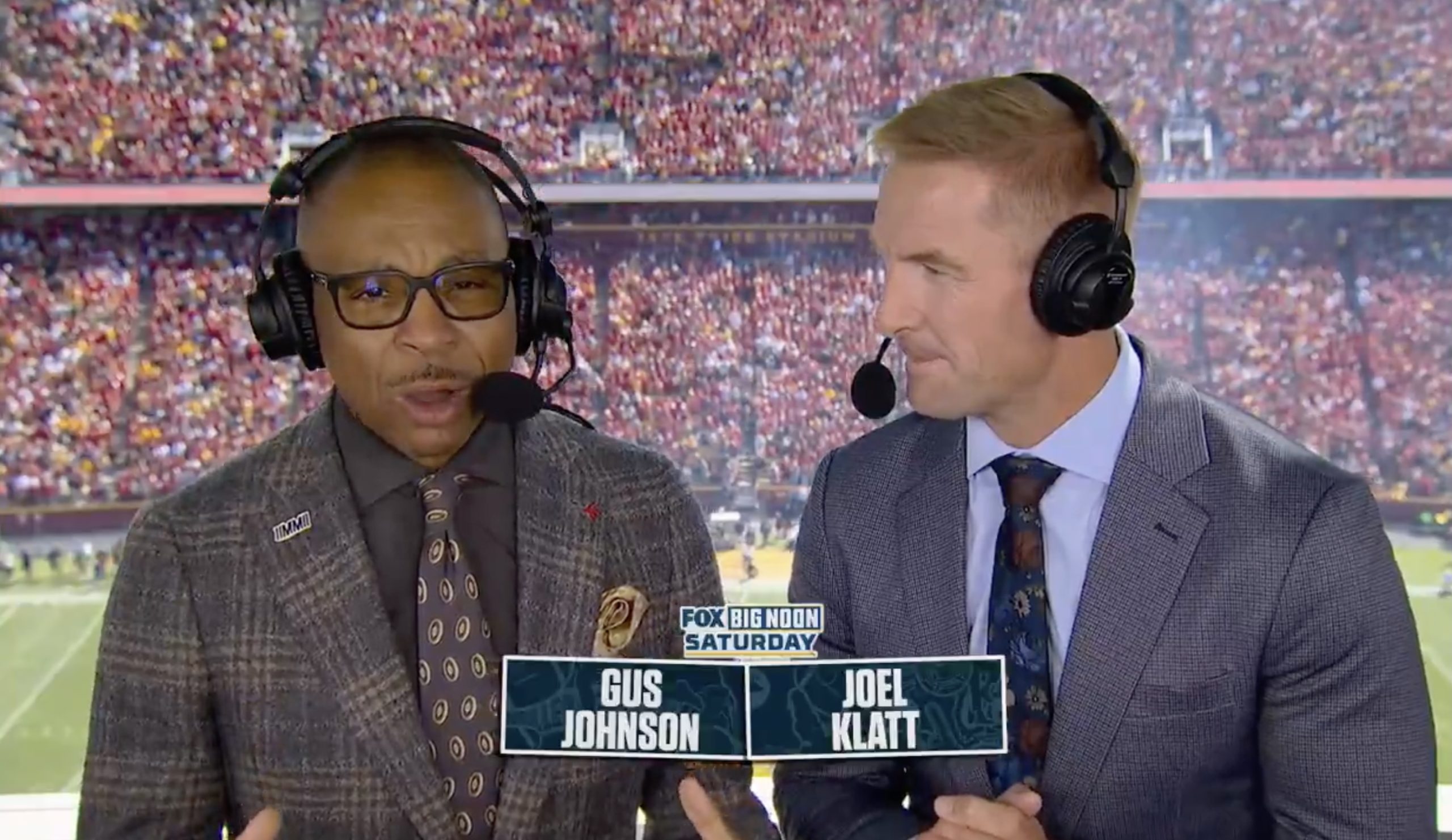 Gus Johnson and Joel Klatt at the Iowa-Iowa State 'Big Noon' college football game for Fox. Photo Credit: Fox