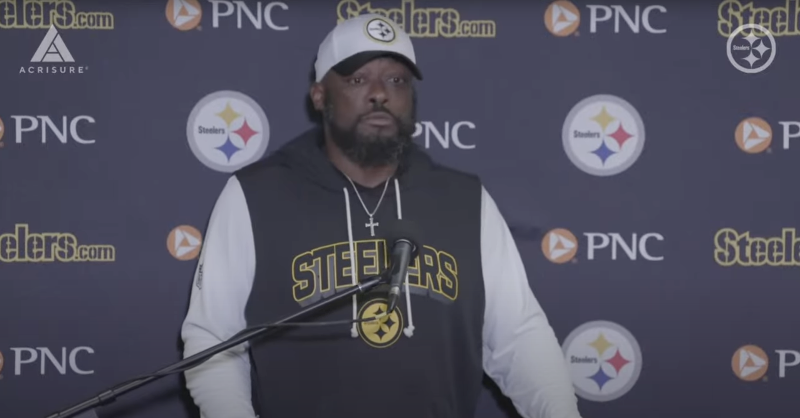 Mike Tomlin speaking to reporters after the Steelers' Week 1 win over the Jets
