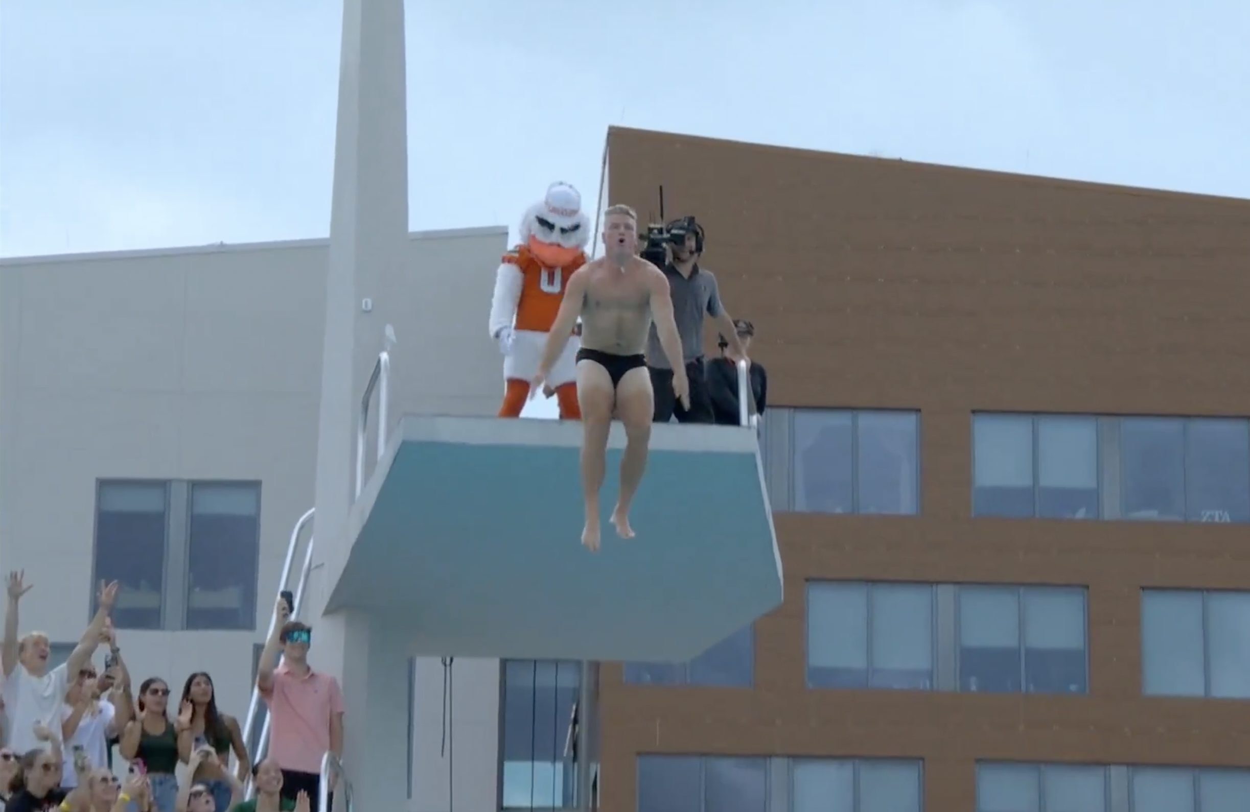 Pat McAfee jumps off a high dive to conclude ESPN's 'College GameDay' at the University of Miami. Photo Credit: ESPN