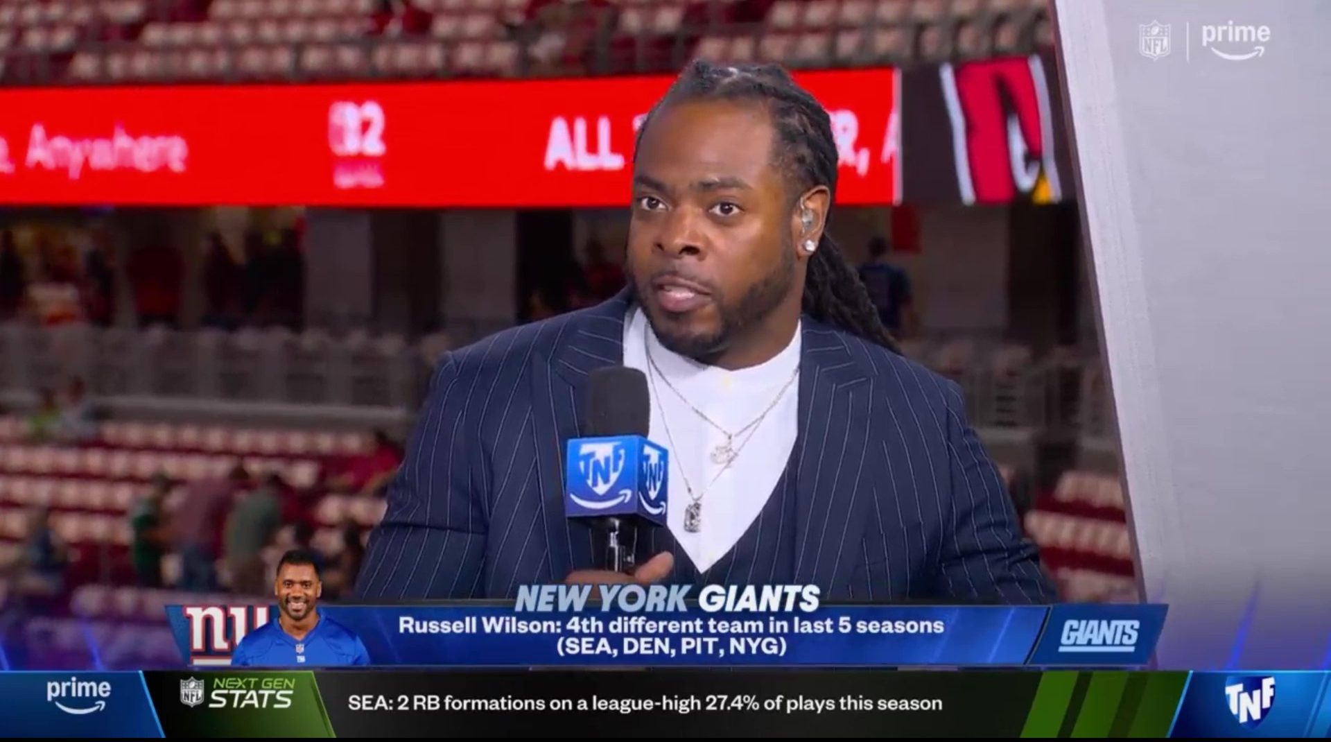 According to Richard Sherman and Tony Gonzalez, Russell Wilson's post-Seahawks career has damaged his Hall of Fame candidacy. Photo Credit: Prime Video.