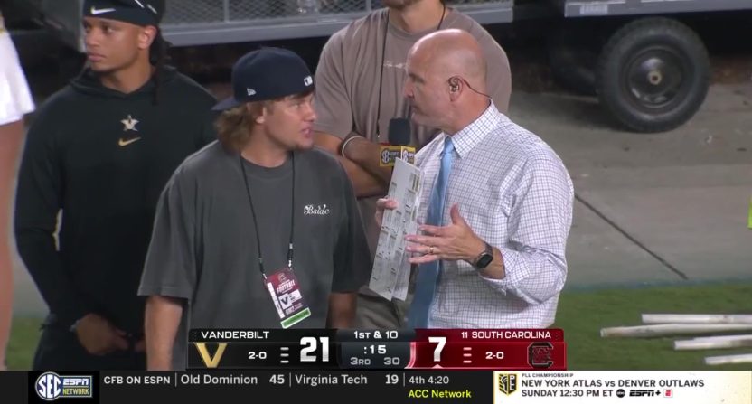 Vanderbilt quarterback Diego Pavia promised to set Theo Von up on a date with his mom if the Commdores beat South Carolina. Photo Credit: SEC Network.