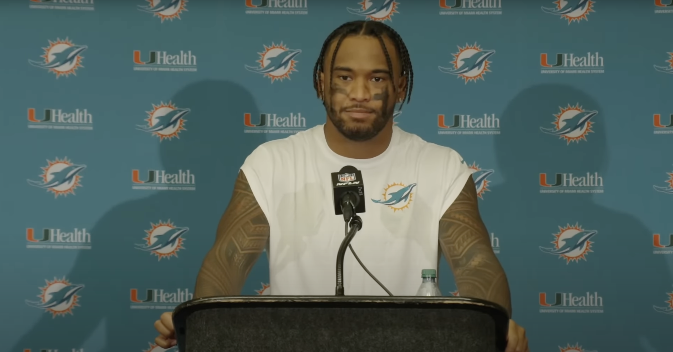 Tua Tagovailoa speaking with reporters after the team's Week 1 loss to the Colts