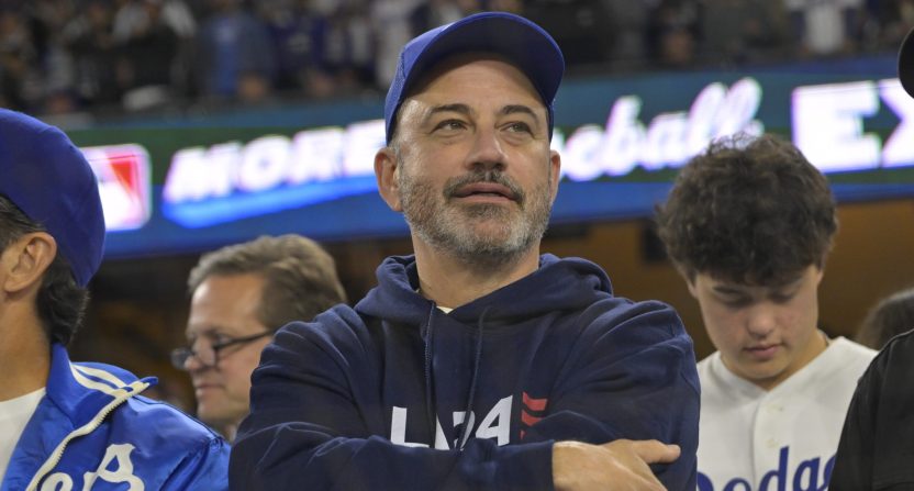 Late night host Jimmy Kimmel watches the game between the Los Angeles Dodgers and the New York Yankees during game one of the 2024 MLB World Series at Dodger Stadium.