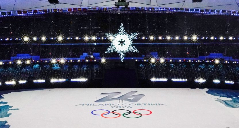 A general view during a presentation introducing the 2026 Milano-Cortina Winter Olympics during the closing ceremony for the Beijing 2022 Olympic Winter Games at Beijing National Stadium.