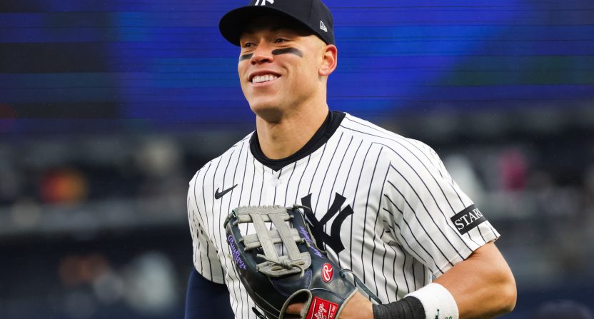 Apr 12, 2025; Bronx, New York, USA; New York Yankees outfielder Aaron Judge (99) reacts after catching a pop fly against the San Francisco Giants during the eighth inning at Yankee Stadium. Mandatory Credit: Tom Horak-Imagn Images