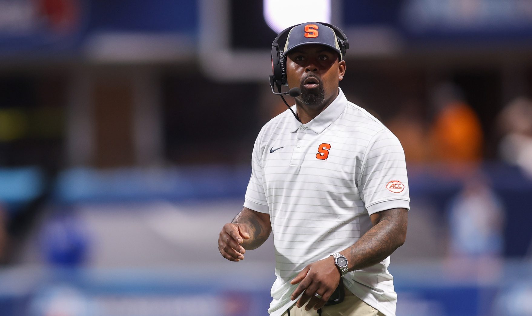Syracuse Orange head coach Fran Brown on the sideline against the Tennessee Volunteers in the second quarter at Mercedes-Benz Stadium.