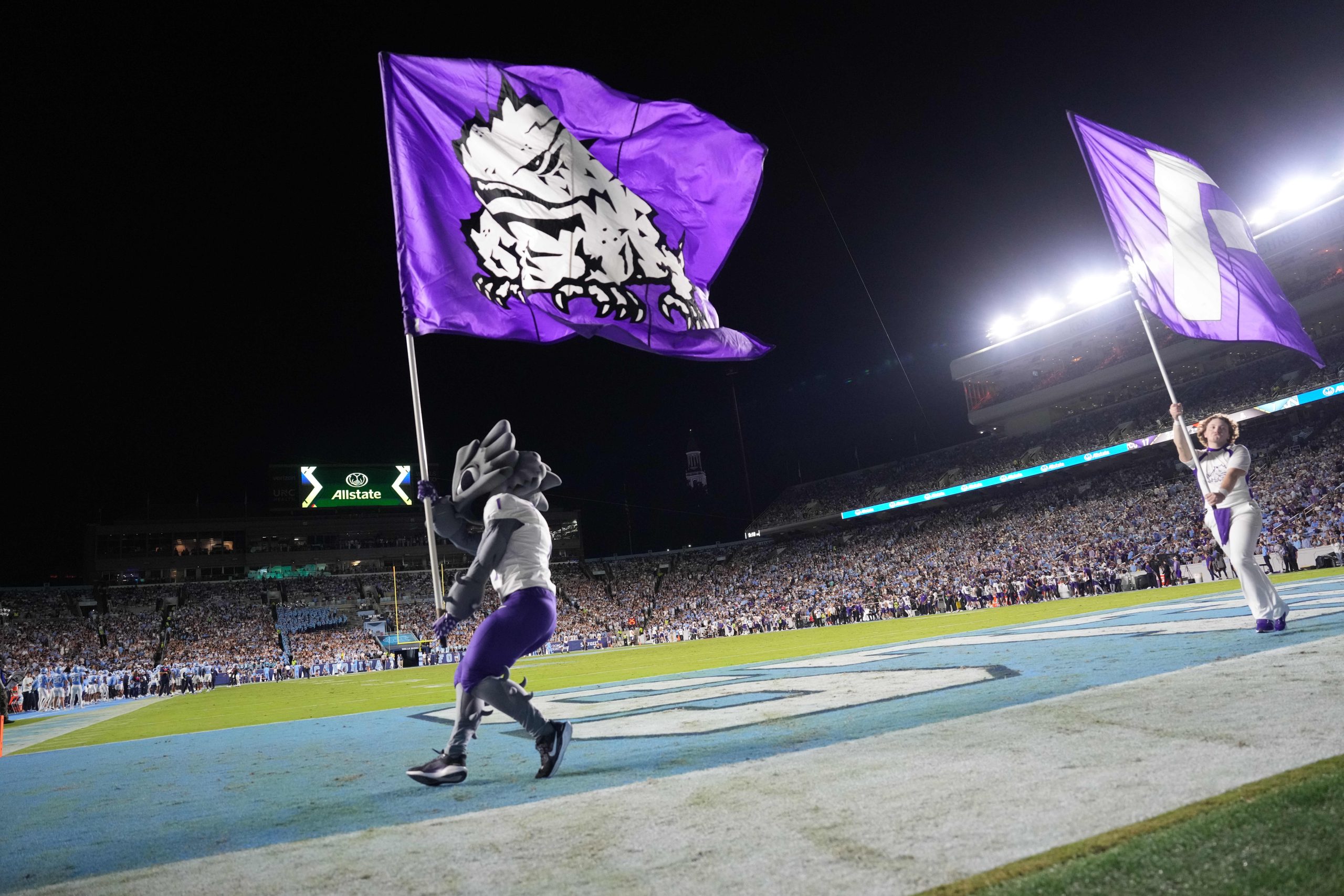 Sep 1, 2025; Chapel Hill, North Carolina, USA; TCU Horned Frogs mascot celebrates after a touchdown in the second quarter at Kenan Stadium. Mandatory Credit: Bob Donnan-Imagn Images