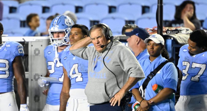 Sep 1, 2025; Chapel Hill, North Carolina, USA; North Carolina Tar Heels head coach Bill Belichick on the sidelines in the fourth quarter at Kenan Stadium.