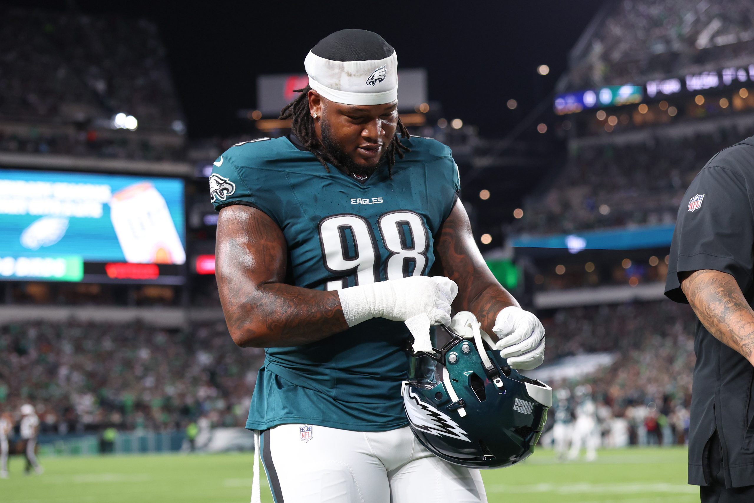 Sep 4, 2025; Philadelphia, Pennsylvania, USA; Philadelphia Eagles defensive tackle Jalen Carter (98) walks off the field after being ejected during the first quarter of the game against the Dallas Cowboys at Lincoln Financial Field. Mandatory Credit: Bill Streicher-Imagn Images