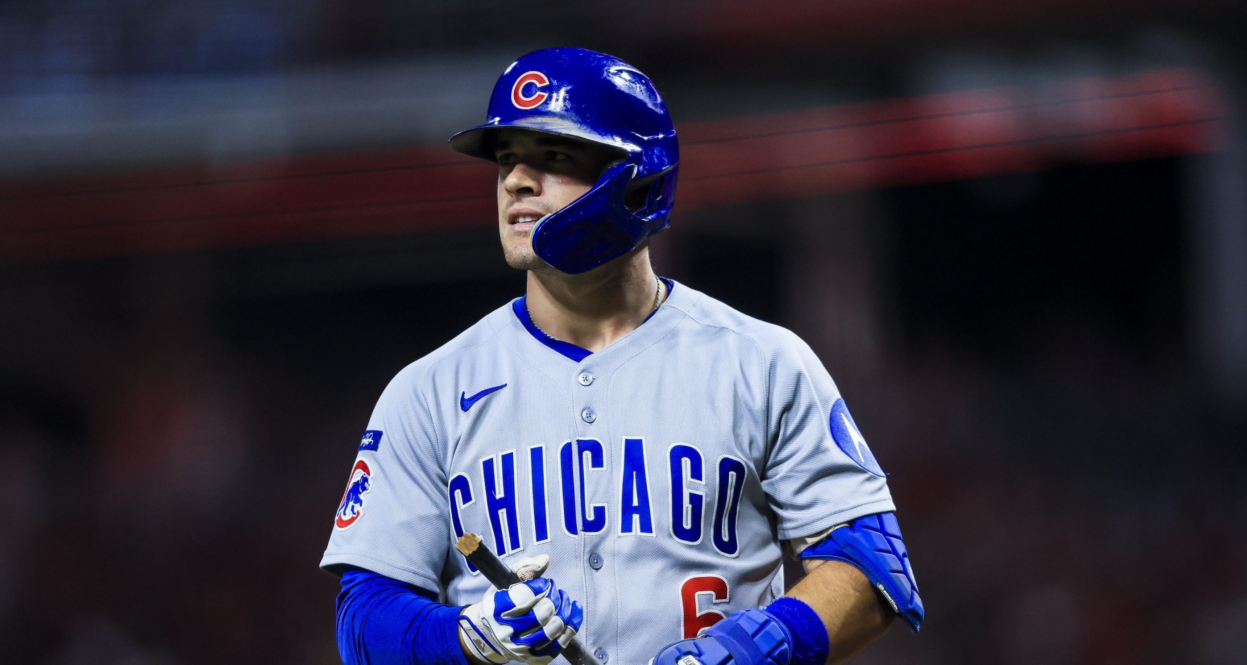 Chicago Cubs third baseman Matt Shaw (6) holds a piece of his broken bat in the ninth inning against the Cincinnati Reds at Great American Ball Park.