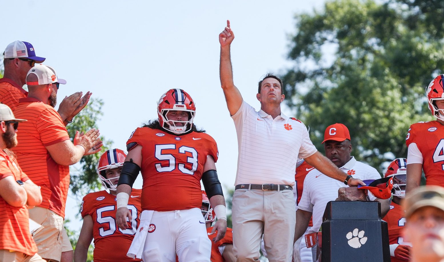 Clemson Tigers head coach Dabo Swinney rubs Howard’s Rock in Memorial Stadium before the game against the Syracuse Orange.