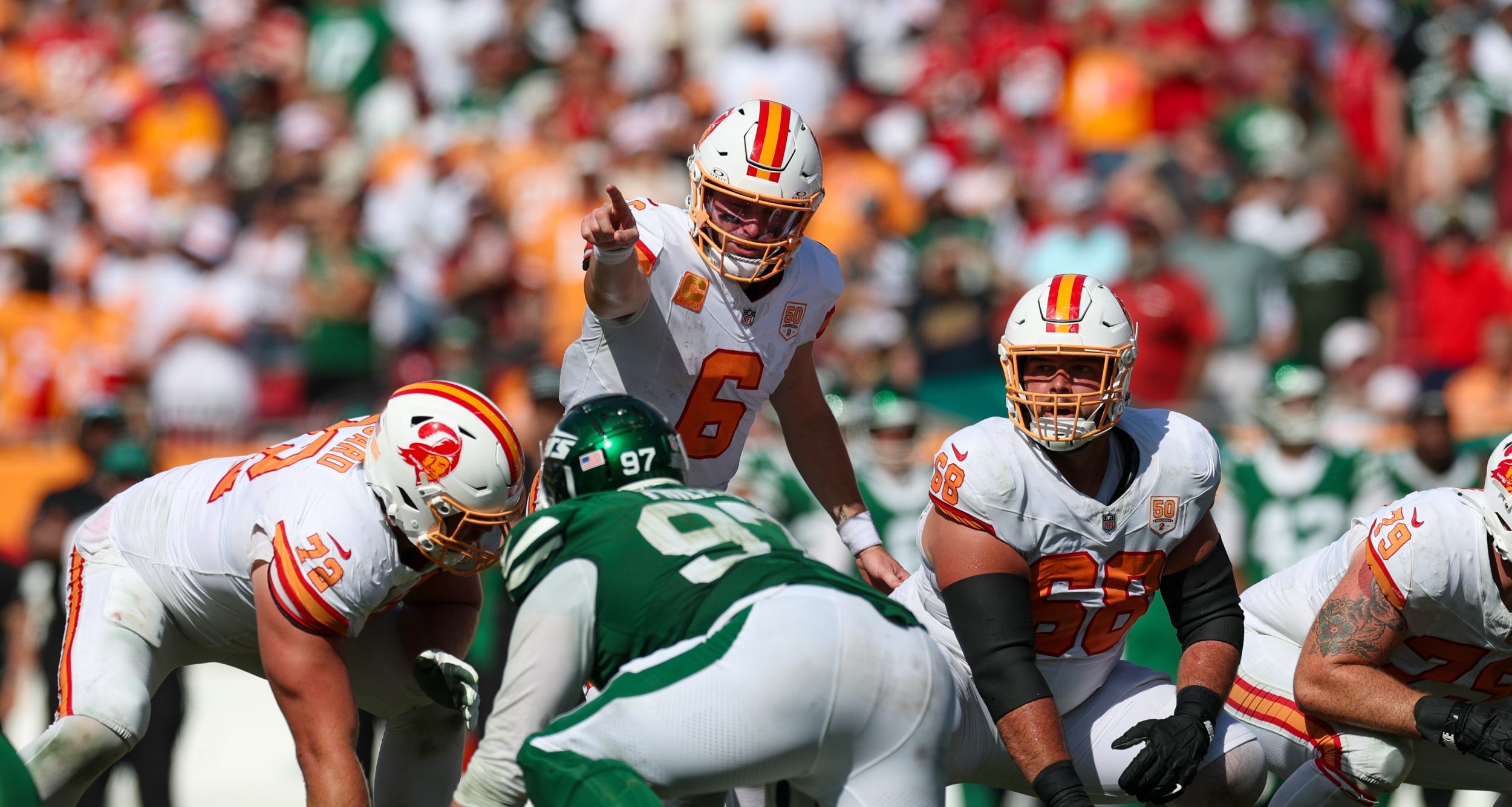 Sep 21, 2025; Tampa, Florida, USA; Tampa Bay Buccaneers quarterback Baker Mayfield (6) lines up against the New York Jets in the fourth quarter at Raymond James Stadium.