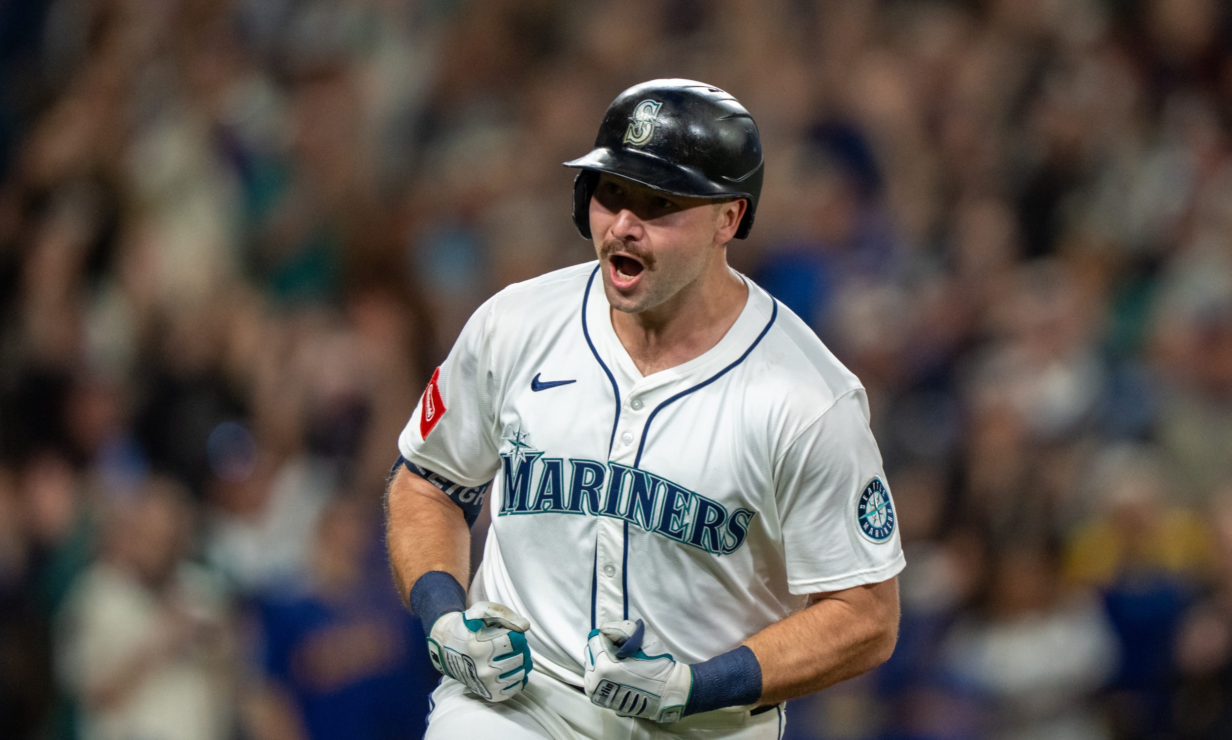 Sep 24, 2025; Seattle, Washington, USA; Seattle Mariners catcher Cal Raleigh (29) celebrates after hitting a solo home run during the eighth inning against the Colorado Rockies at T-Mobile Park. Mandatory