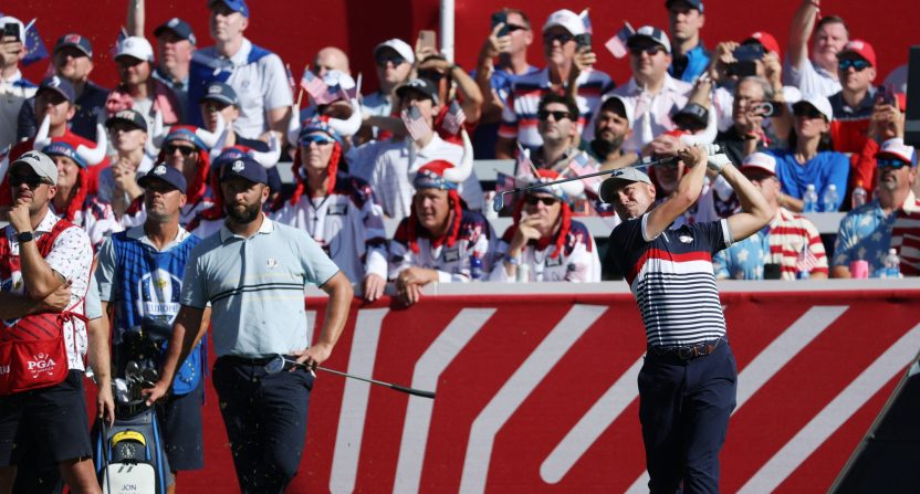 [US, Mexico & Canada customers only] Sep 26, 2025; Bethpage, New York, USA; Team USA golfer Justin Thomas hits his tee shot on the fourteenth hole on the first day of competition for the Ryder Cup at Bethpage Black. Mandatory Credit: Brendan Mcdermid-Reuters via Imagn Images