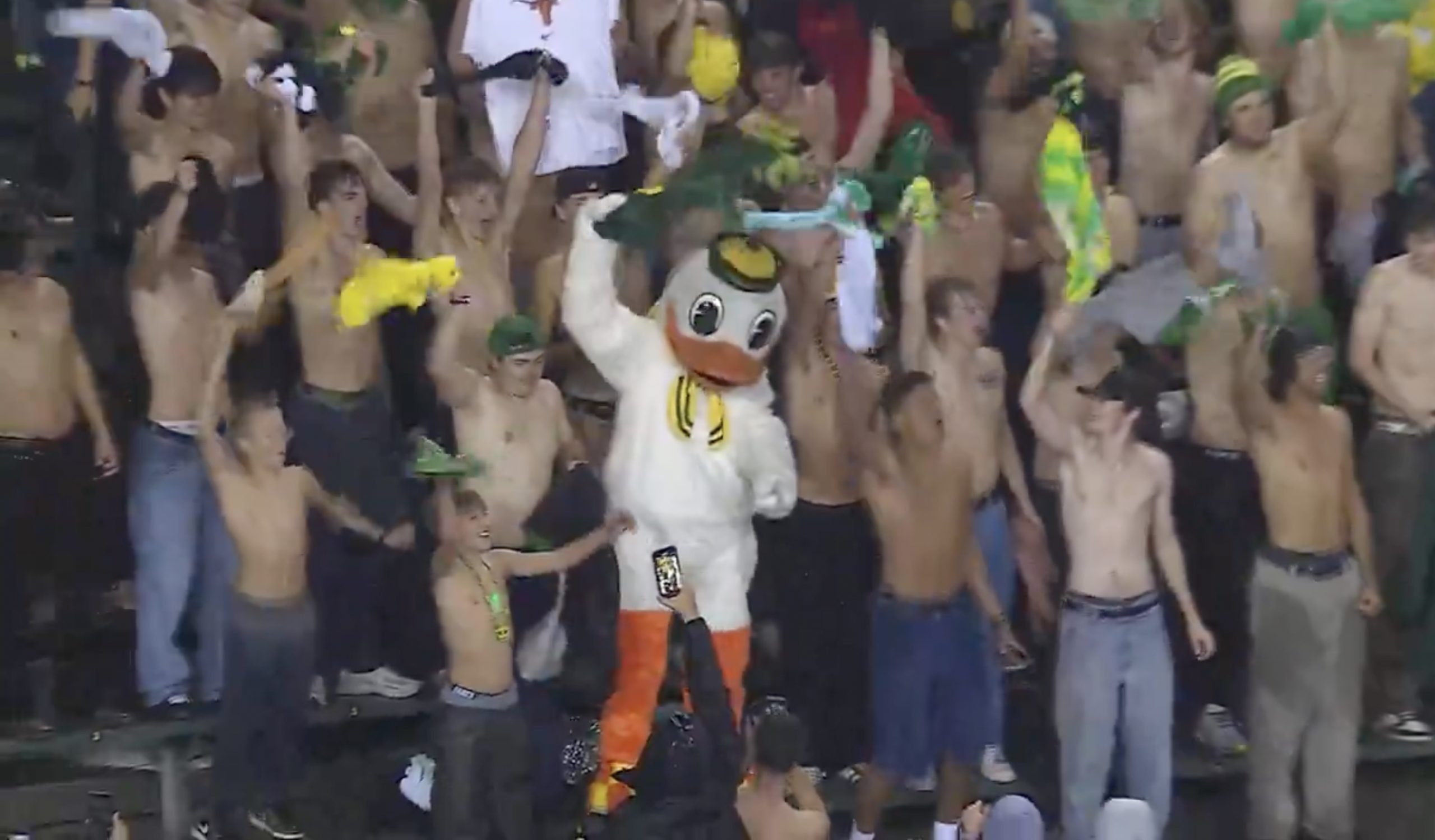 Oregon mascot 'The Oregon Duck' naked in the stands. Photo Credit: FS1