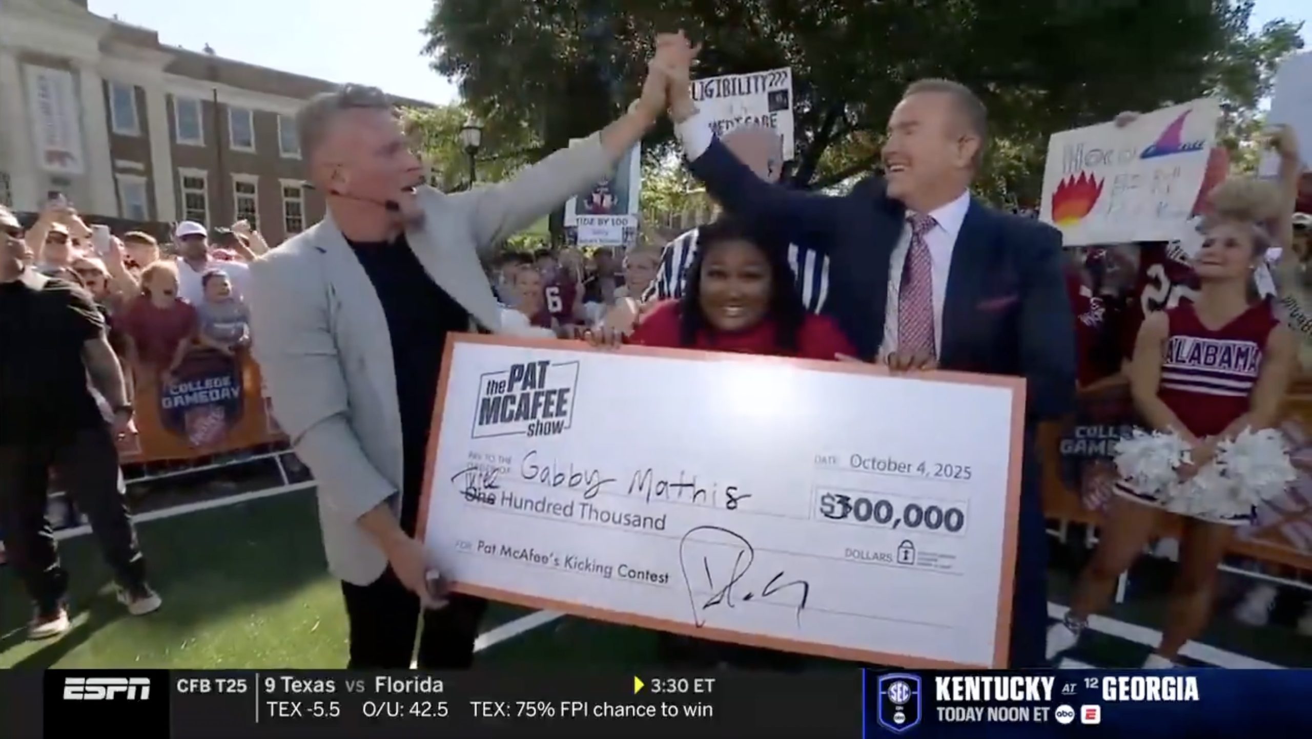Alabama student wins $300,000 in Pat McAfee Kicking Contest thanks to a Kirk Herbstreit throw