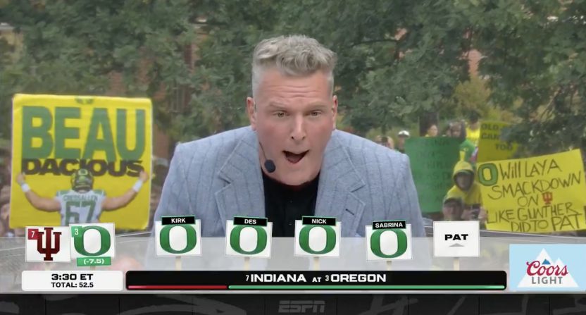 Pat McAfee shockingly picks Indiana to beat Oregon on ESPN's 'College GameDay' from Eugene. Photo Credit: ESPN