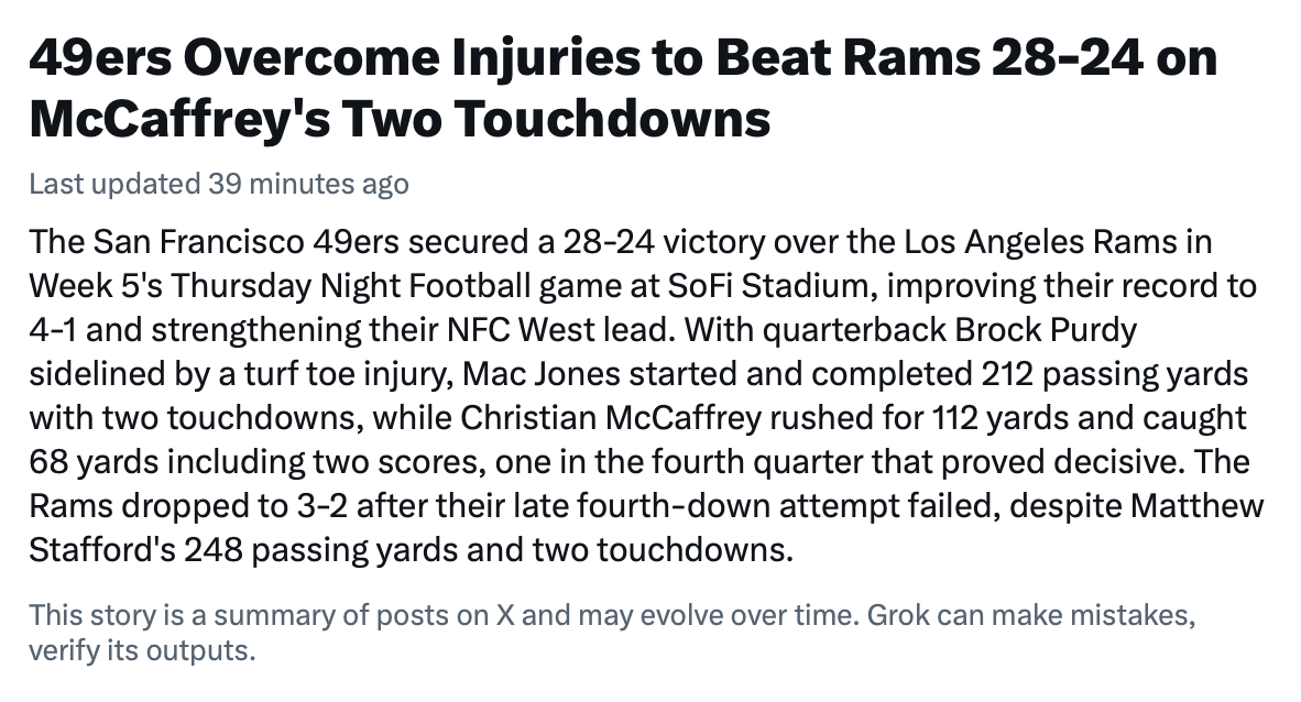 Grok outputs ‘final score’ of 49ers-Rams game midway through 3rd quarter