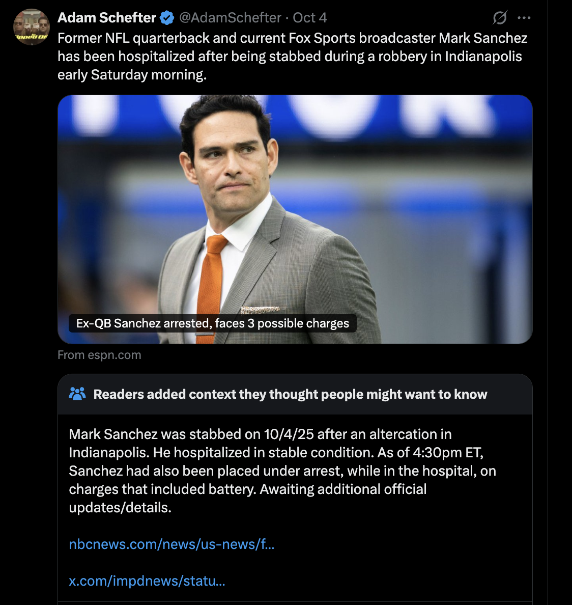 Adam Schefter deletes false tweet about Mark Sanchez ‘robbery’