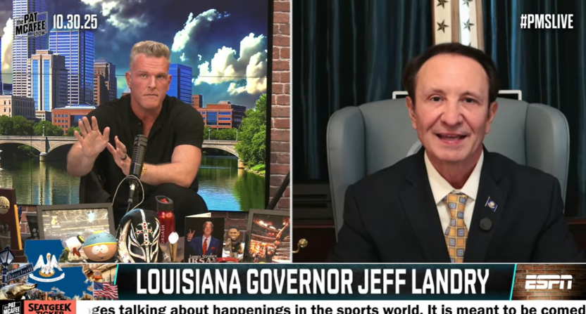 Louisiana Governor Jeff Landry continued to politick about the new LSU job opening on Thursday's episode of 'The Pat McAfee Show'