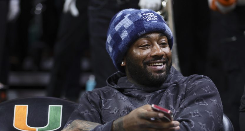Jan 27, 2024; Coral Gables, Florida, USA; American professional basketball player John Wall attends the game between the Pittsburgh Panthers and the Miami Hurricanes at Watsco Center.