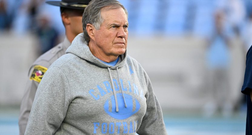 Sep 1, 2025; Chapel Hill, North Carolina, USA; North Carolina Tar Heels head coach Bill Belichick on the field before the game at Kenan Stadium. Mandatory Credit: Bob Donnan-Imagn Images