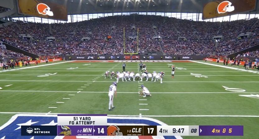 Minnesota Vikings kicker Will Reichard has a 51-yard field goal attempt that appears to hit a camera wire in London vs the Cleveland Browns. Photo Credit: NFL Network