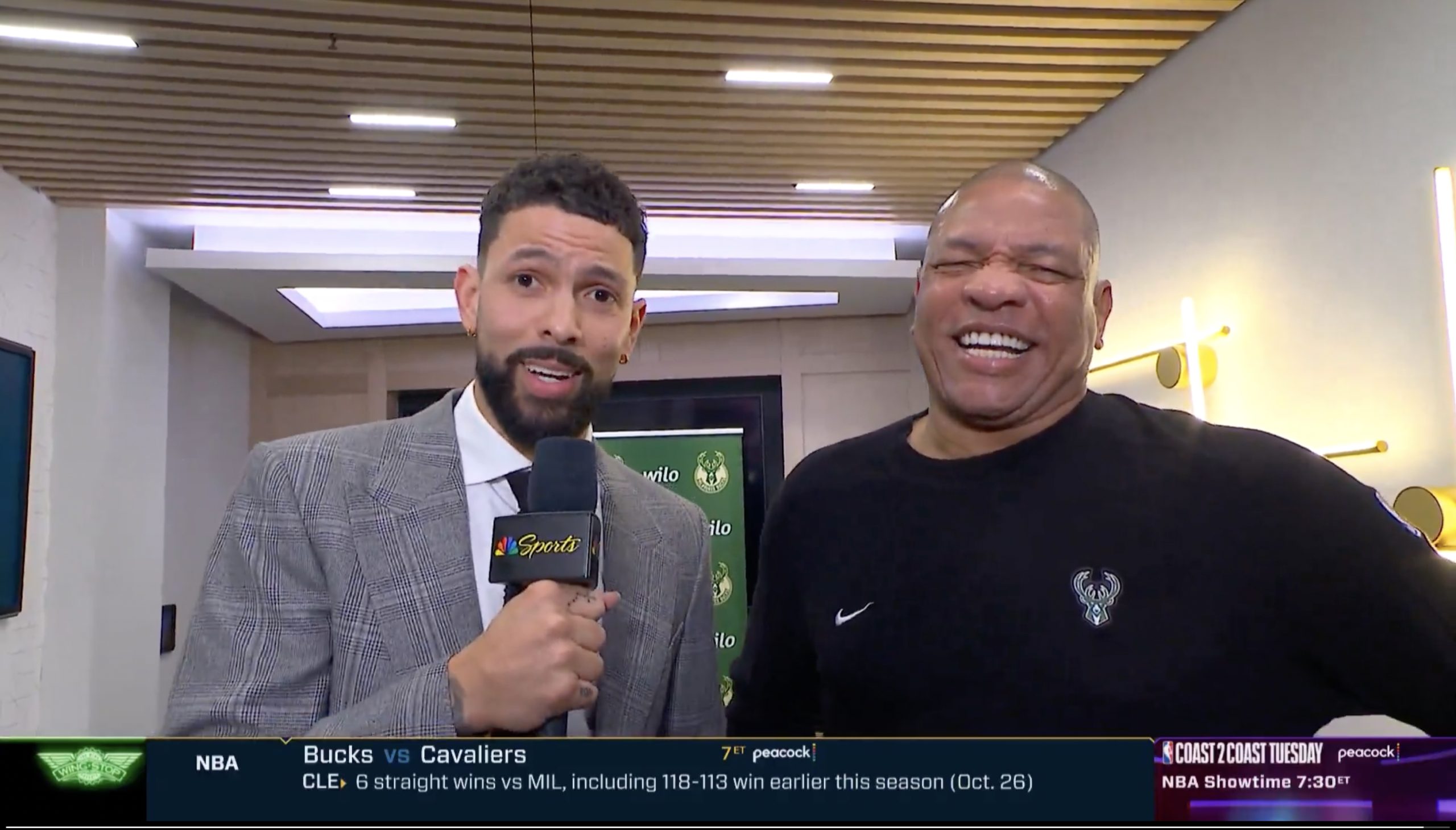 NBC Sports' Austin Rivers interviews his father, Doc, ahead of a Bucks-Cavaliers game. Photo Credit: NBC Sports