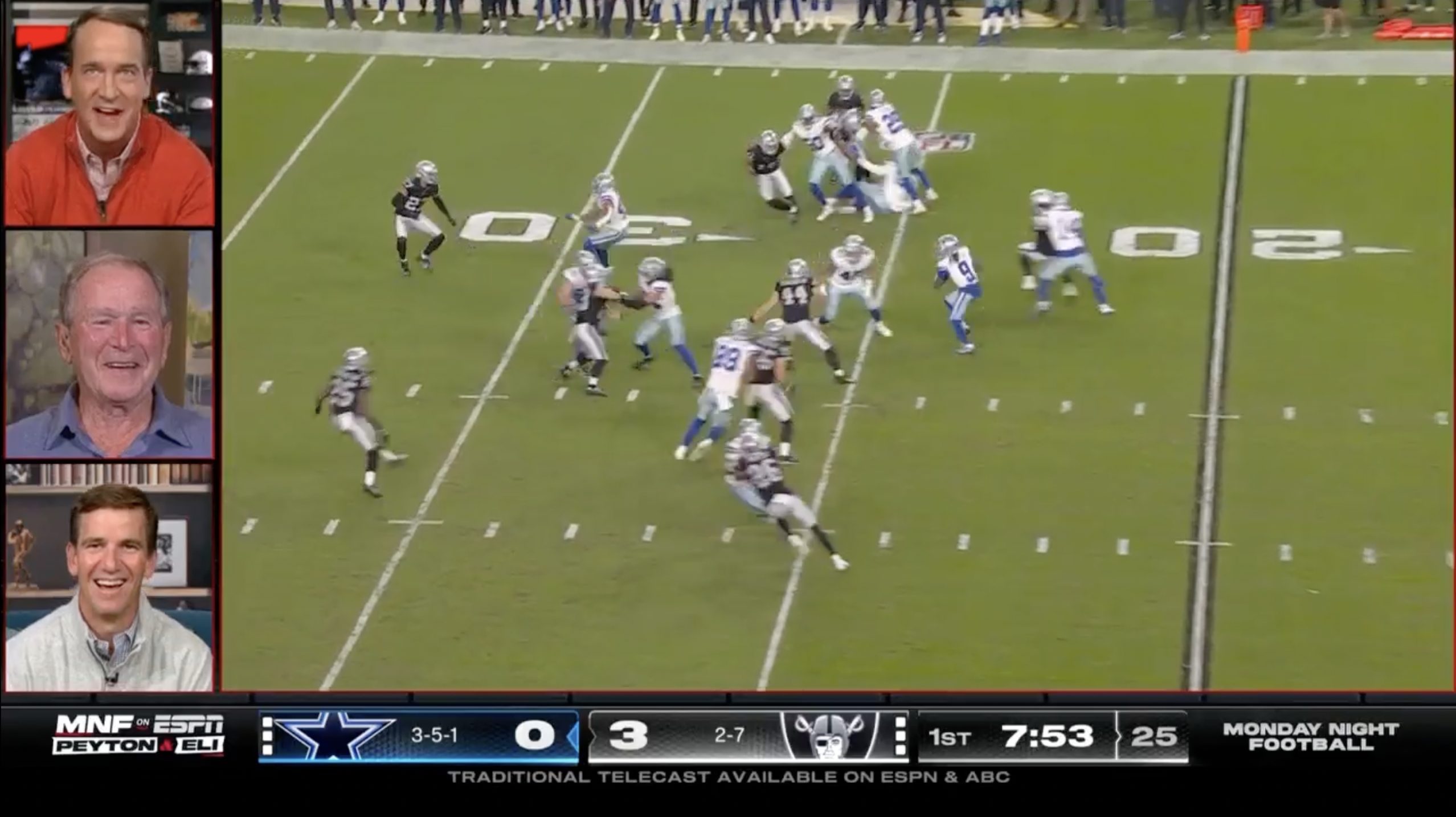 Former President George W. Bush joins Peyton and Eli Manning on the 'ManningCast' during Cowboys-Raiders Monday Night Football. Photo Credit: ESPN2