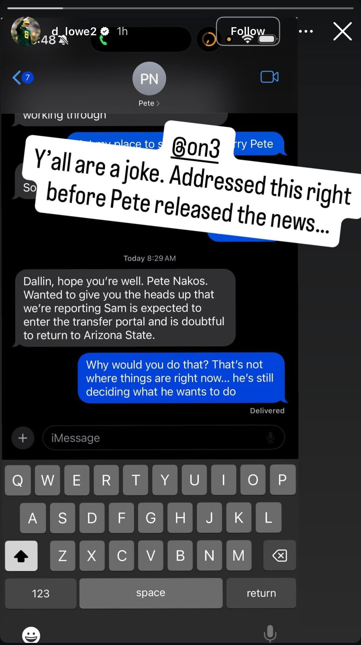 Sam Leavitt’s brother, agent releases texts showing denial of Pete Nakos report on potential transfer