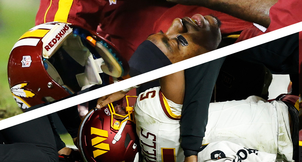 Side-by-side comparison of Jayden Daniels and Robert Griffin III each suffering injuries in games against the Seattle Seahawks.