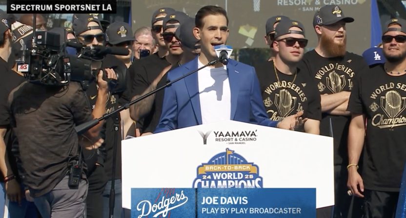 Joe Davis hosts the Los Angeles Dodgers' 2025 World Series parade at Dodger Stadium. Photo Credit: Spectrum SportsNet LA